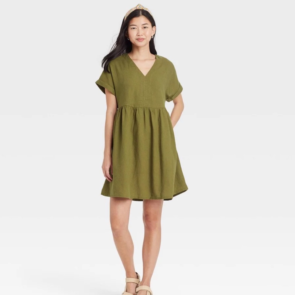 Universal thread olive green linen shirt dress